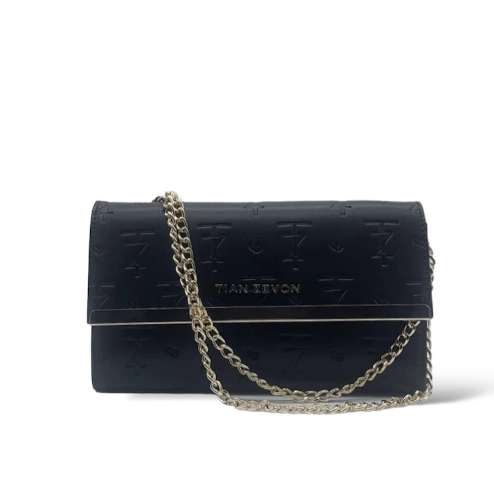 KAI leather debossed wallet on chain - onyx black