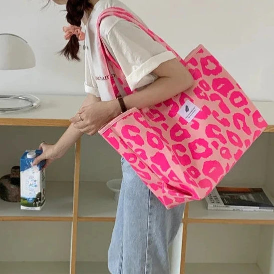 Pink Leopard Print Large Shopping Book Tote