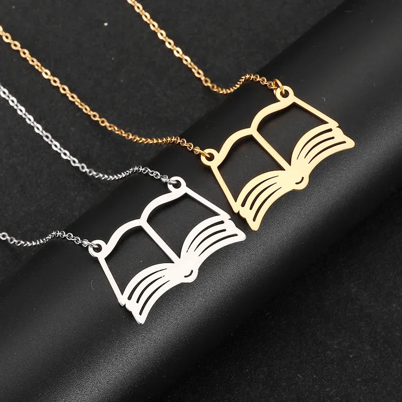 Stainless Steel Book Charm Necklace